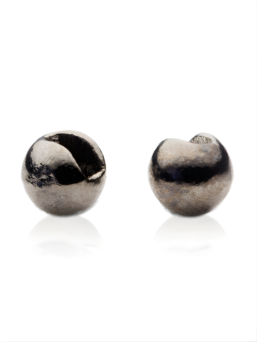 Two fishing black nickel slotted beads on a white background
