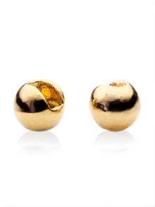 Two gold fishing slotted beads with a reflective surface on a white background.