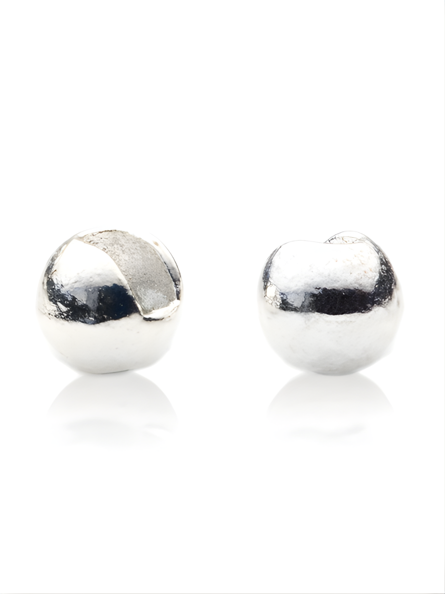 Two silver fishing slotted beads on a white background